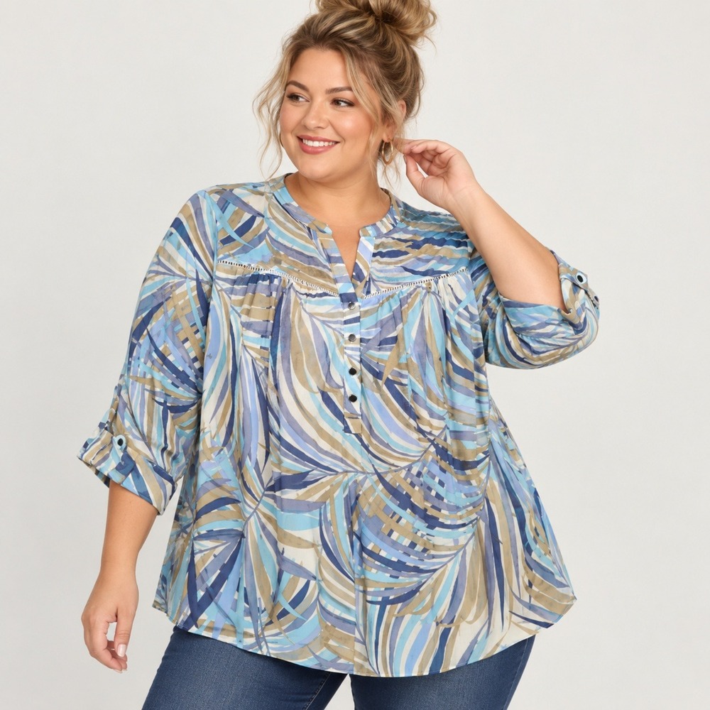 Juniper + Lime Womes 2X Tunic Top Abstract Print Mesh Roll Tab 3/4 Sleeve Boho
